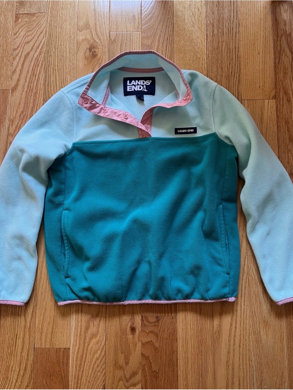 Lands’ End Teal Colorblock Fleece Pullover Pink Trim XS/P 2-4